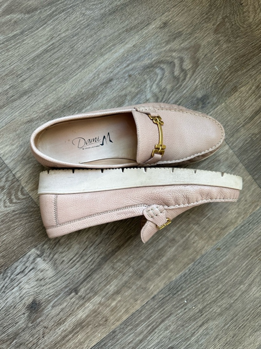 Dami M Beige Leather Loafers Size 9 Gold Bit Slip-On Comfort Flats - Picture 5 of 6